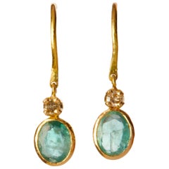 Green Emerald and Diamond Small Dangling Earring on a Tiny 14 Karat Gold Loop