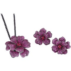 Pink Sapphire, Ruby and Rubellite Flower Necklace and Ring Suite