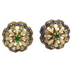 Rose-Cut Diamond Emerald and Enamel Yellow Gold Button Earrings