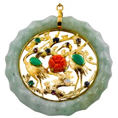 Nephrite Jade, Coral, Lapis, Emerald, Ruby, Sapphire, Opal 14 Karat Gold Pendant
