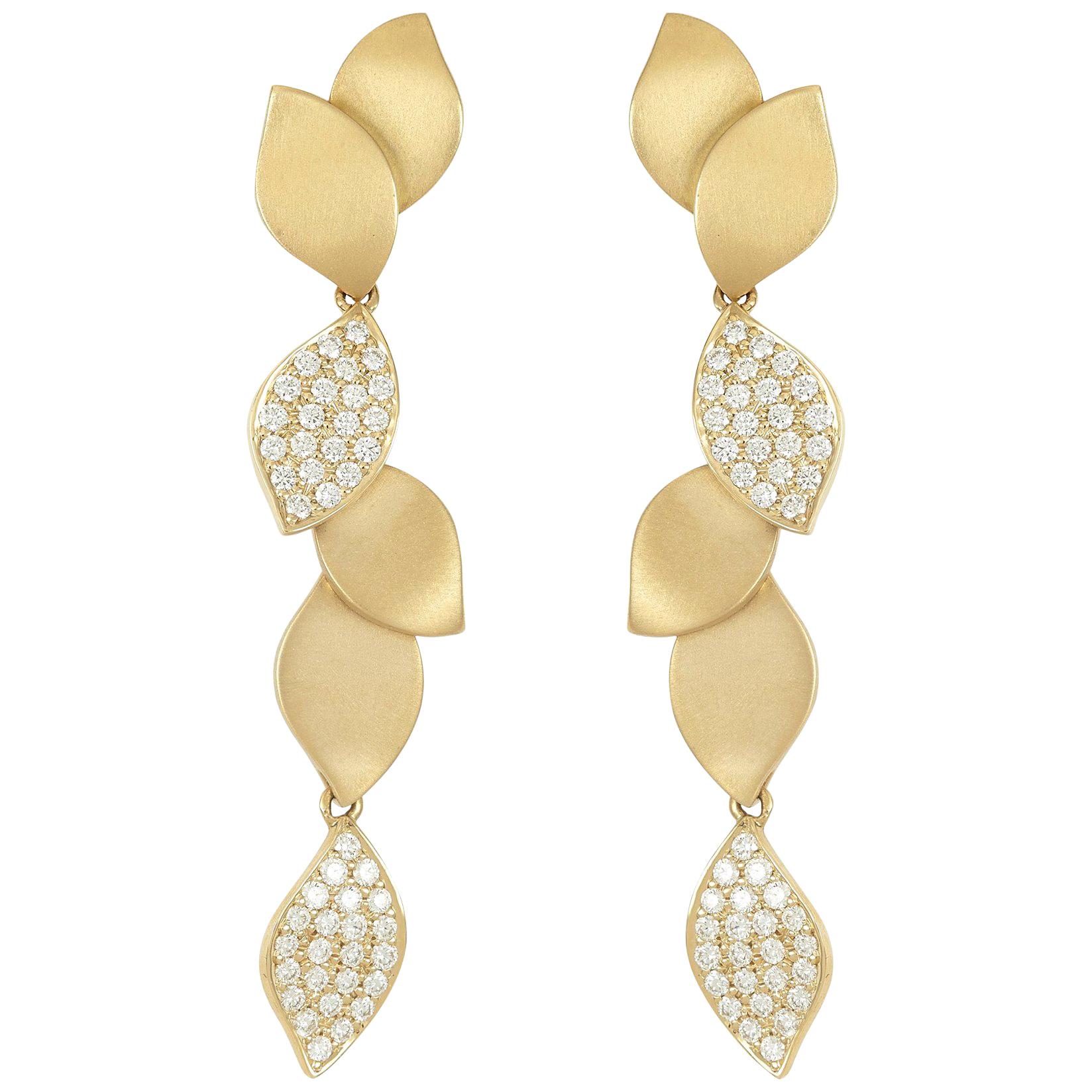 Carelle 18 Karat Yellow Gold, 1.00 Carat Diamond, Lotus Leaf Drop Earrings For Sale