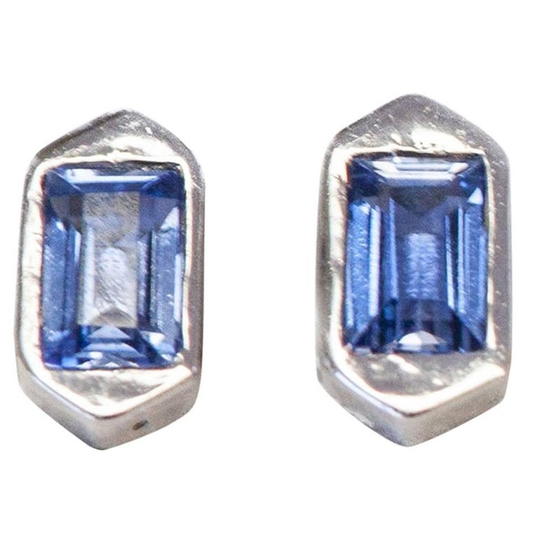 Hexagon Stud Earrings with Blue Sapphires For Sale