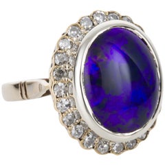 Australian Black Opal and 18 Karat Gold Diamond Cluster Ring