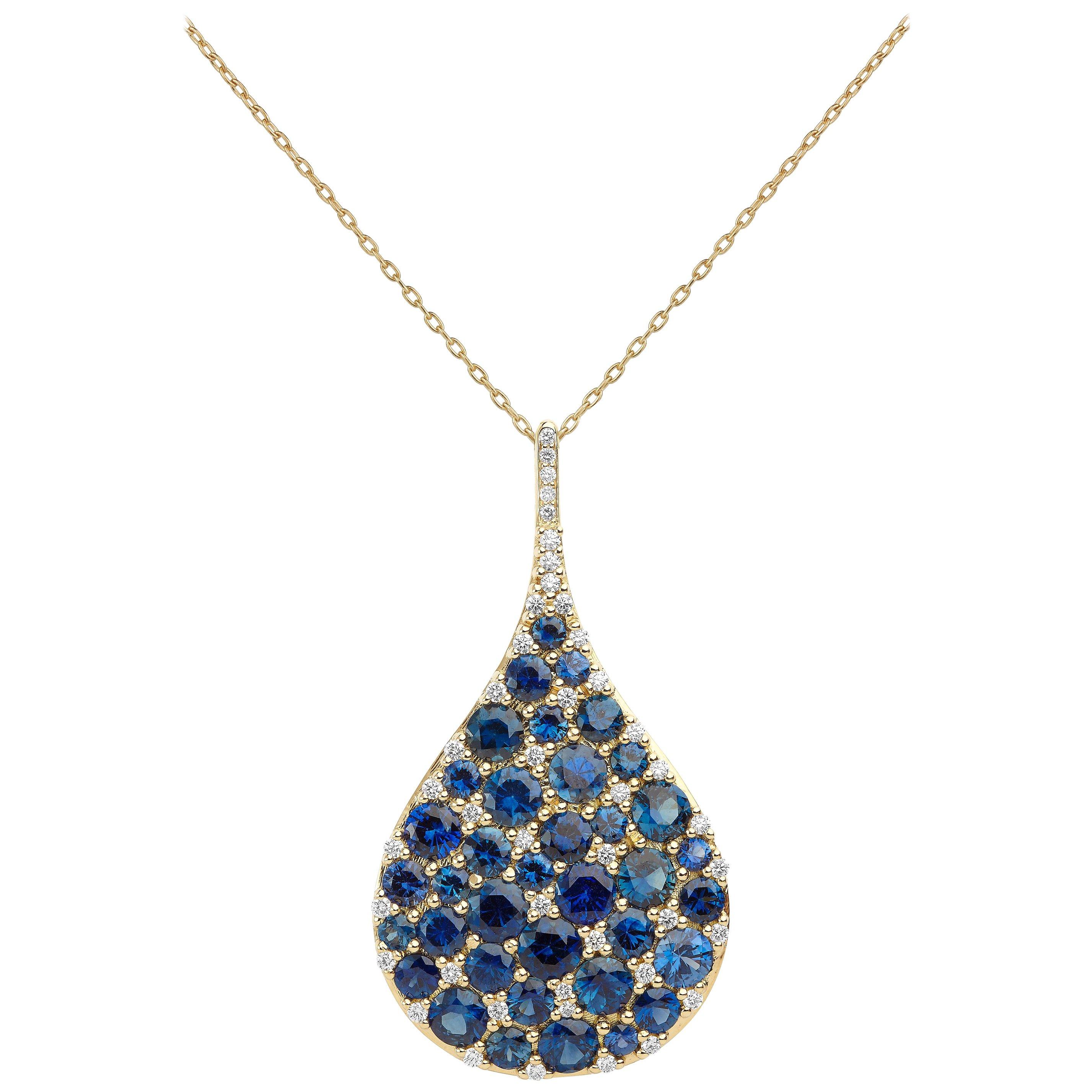 Carelle 18K YG 9.30 Ct Blue Sapphire, .60 Ct Diamond Pendant Teardrop Necklace For Sale