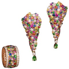 Rose Gold and Diamond Multicolored Sapphires Earrings and Band Ring Suite