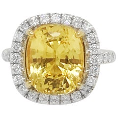 No Heat Ceylon 6.62 Ct. Cushion Cut Yellow Sapphire & Diamond Ring Lab Certified