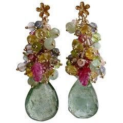 Moss Aquamarine, Pink Topaz/Zircon, Amethyst, Peridot, Iolite Cluster Earrings