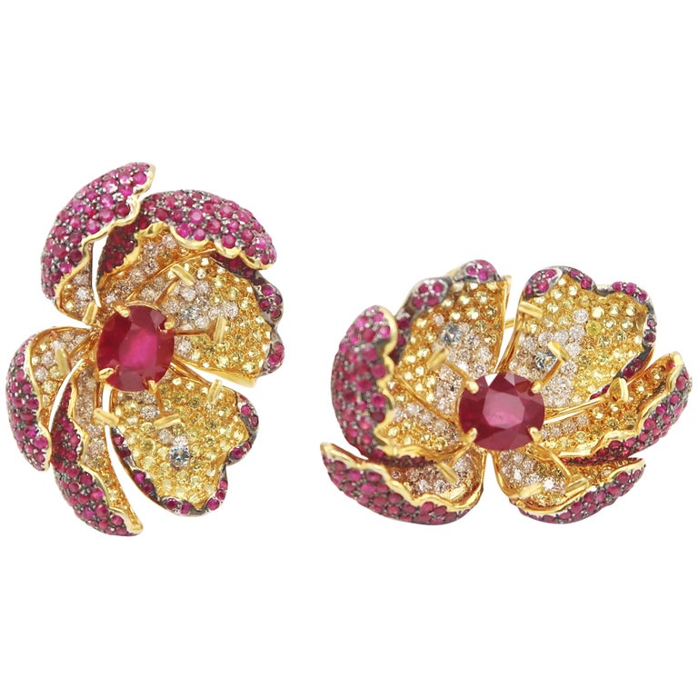 Amazing Red Ruby Yellow Shire Diamond Flower Gold Earrings Water Amazing Red Ruby Yellow Shire Diamond Flower Gold Earrings Water Drop For