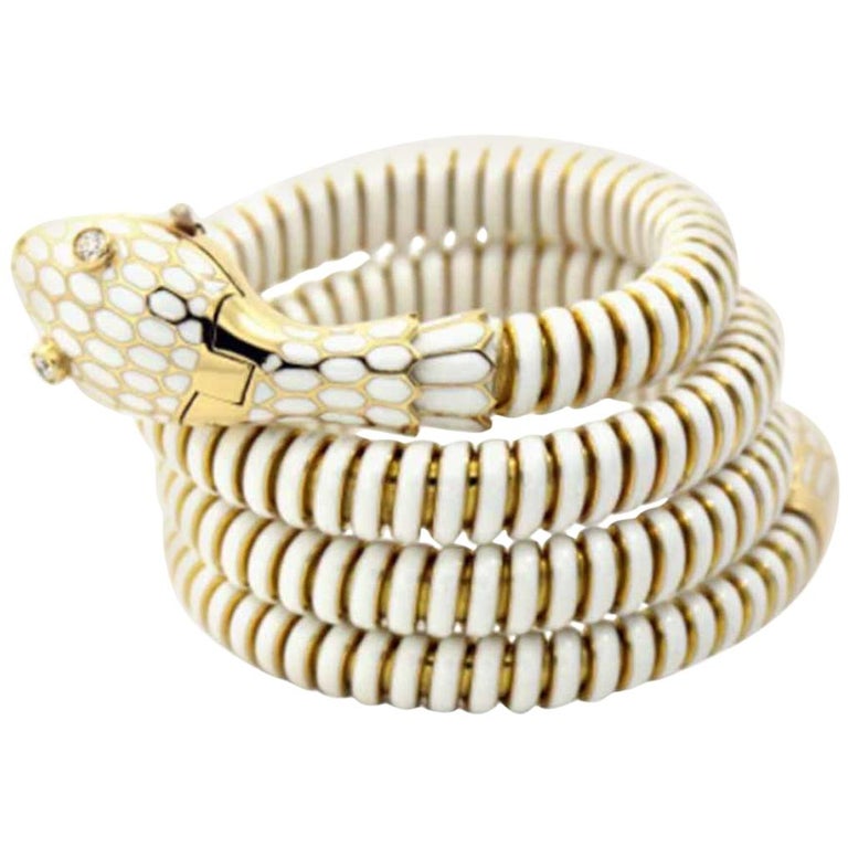 White Enamel Snake Cuff Bracelet or Watch For Sale