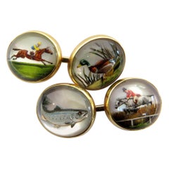 Exceptional Art Deco Reverse Crystal Gold Sporting Motifs Double Sided Cufflinks