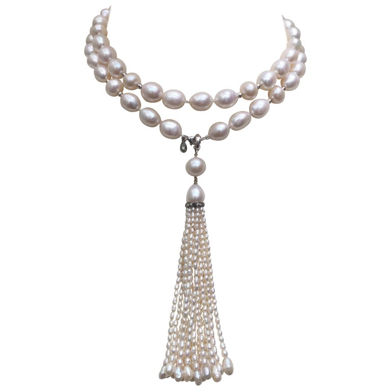 White Pearl Necklace, Double Pearl, and Tassel and 14 Karat White Gold ...