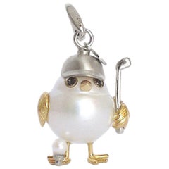 Golf Player Chick Black Diamond Australian Pearl 18K Gold Charm Pendant/Necklace