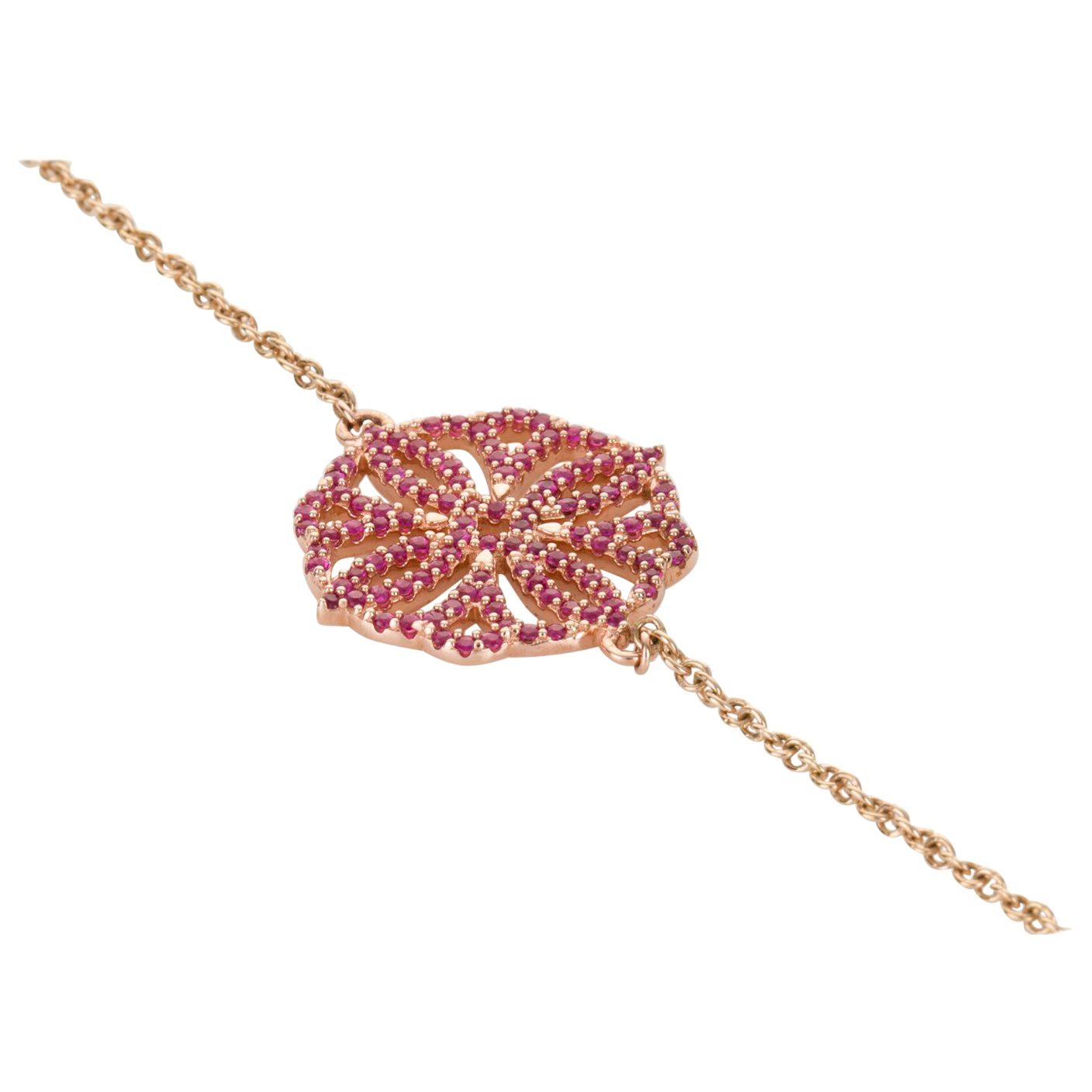 Ruby and 9 Karat Rose Gold Flower Chain Bracelet For Sale
