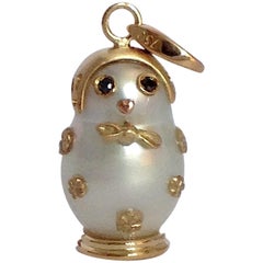 Matryoshka Black Diamond Australian Pearl 18Kt Gold Charm and Pendant/Necklace