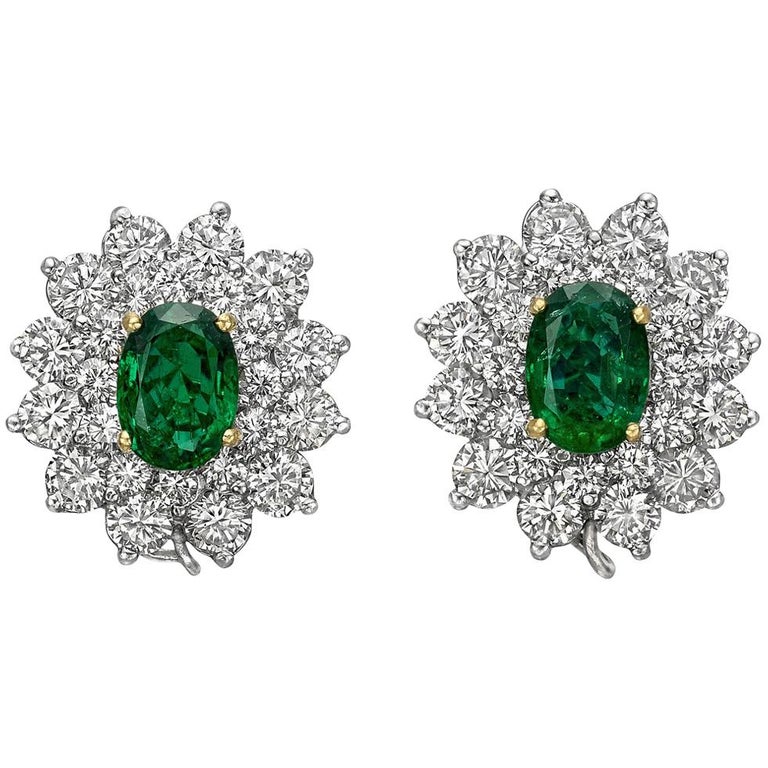 Emerald Diamond Cluster Earrings For Sale