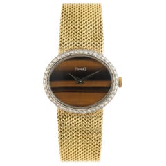 Retro Piaget Ladies Yellow Gold Diamond Tiger Eye Dial Mechanical Wristwatch