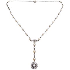 Edwardian 1.85 Carat Old European Diamond and Cultured Pearl Cluster Pendant