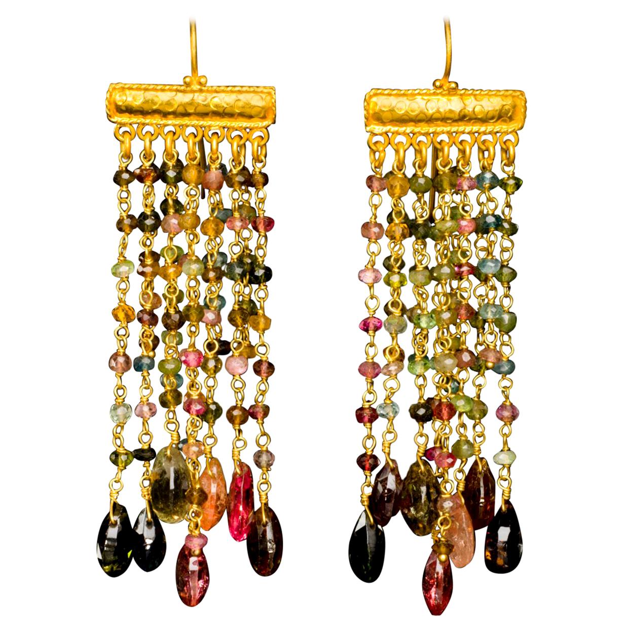 Tourmaline and 18 Karat Yellow Gold Chandelier Bead Dangle Earrings