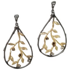 14 Karat Yellow Gold and Silver Bark and Leaf Diamond Earrings