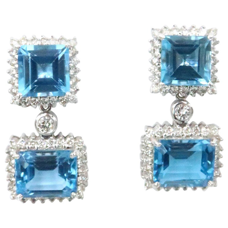 Boon Detachable Swiss Blue Topaz Square Rectangular Diamond Stud Boon Detachable Swiss Blue Topaz Square Rectangular Diamond Stud Dangle Earrings For
