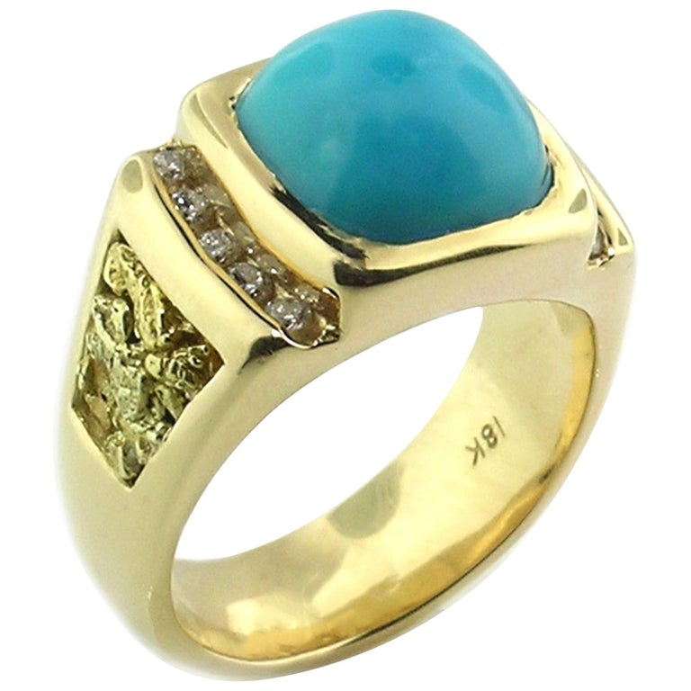 Kingman Mine Turquoise, Diamond and Gold Nugget 18 Karat Men&#39;s Ring For Sale at 1stdibs