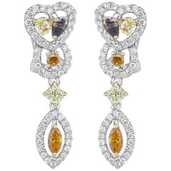 Natural Fancy Multi-Color Diamond Halo Two-Color Gold Drop Dangle Earring