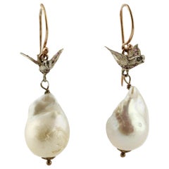 Diamonds Rubies Pearls Rose Gold and Silver Dangle Earrings