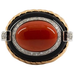 Mediterranean Red Coral Onyx 0.40 Carat White Diamond Yellow Gold Cocktail Ring