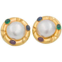 Mabe' Pearl 14 Karat Yellow Gold Ruby, Blue Sapphire, Emerald Clip-On Earrings