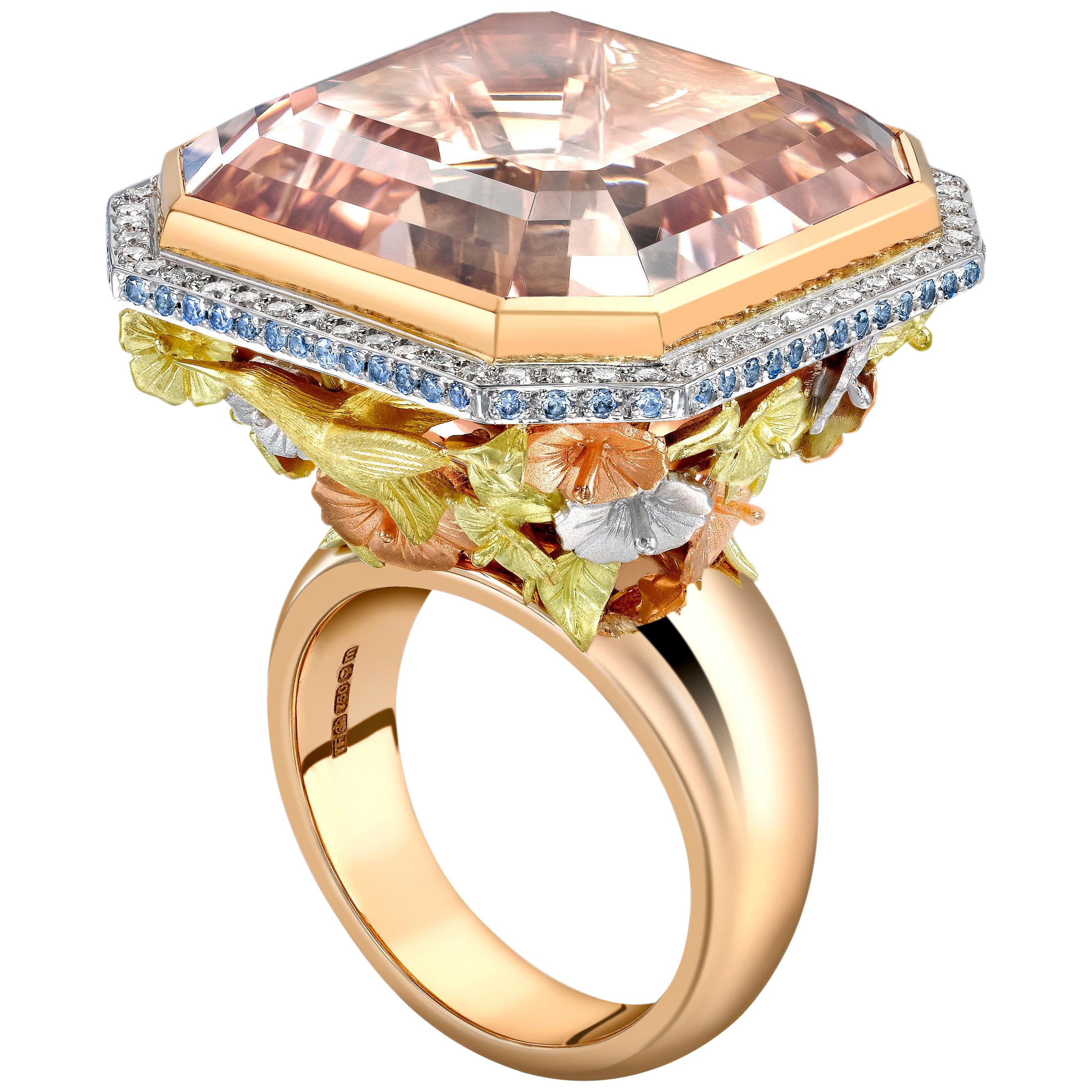 18ct Rose Gold Morganite, Sapphire and Diamond Hummingbird Cocktail Ring For Sale