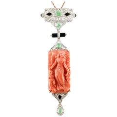 Diamonds Coral Onyx Emeralds Platinum Pendant / Brooch