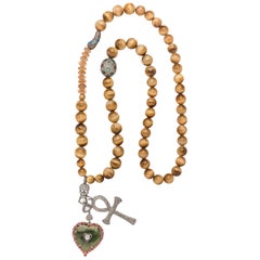 Clarissa Bronfman Tiger Eye Beaded Necklace with Emerald, Diamond, Ruby Heart
