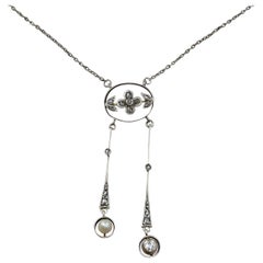 Art Nouveau Natural Pearl Diamond Drop Necklace Platinum Gold Lavalier Negligée
