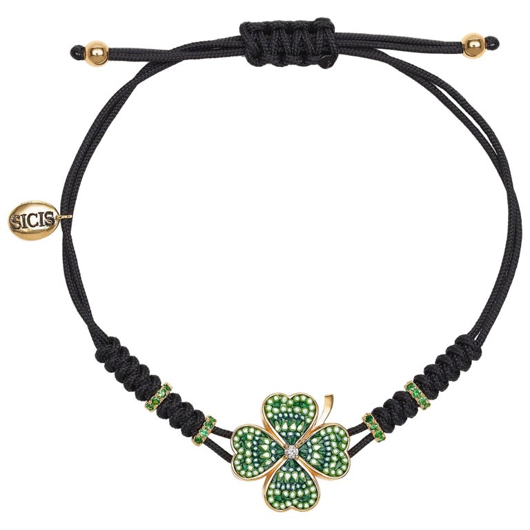 Sicis Clover Bracelet Yellow Gold White Diamonds Tsavorite Sicis Clover Bracelet Yellow Gold White Diamonds Tsavorite Micromosaic For