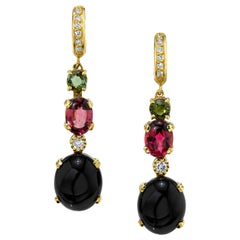 Black Onyx, Diamond, Green & Pink Tourmaline 18k Yellow Gold Dangle Earrings 