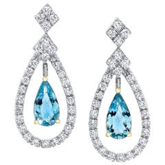 Unheated Aquamarine in Floating Diamond Halo, White Gold Dangle Drop Earrings