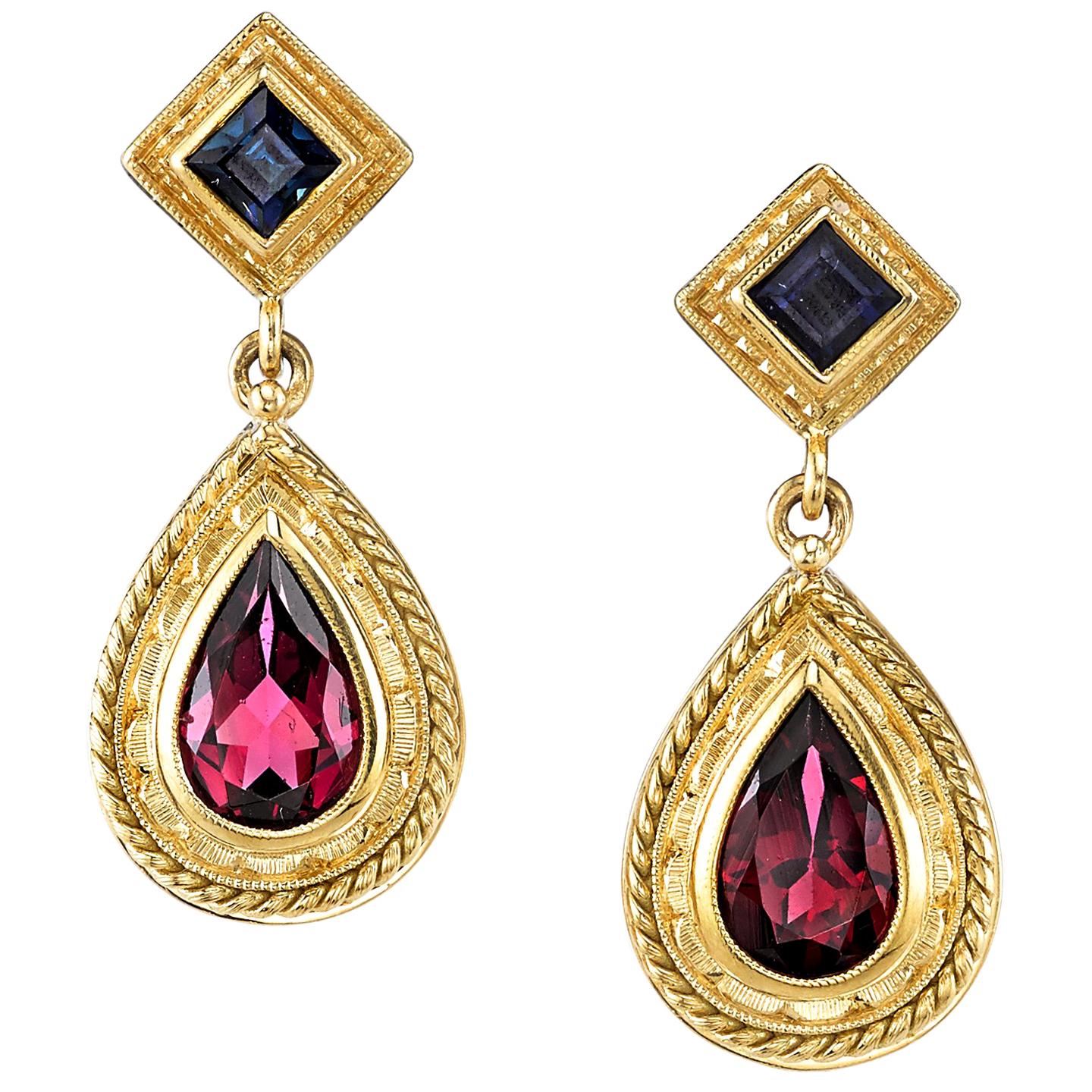3.82 Carat Pink Tourmaline and Sapphire 18k Yellow Gold Dangle Earrings