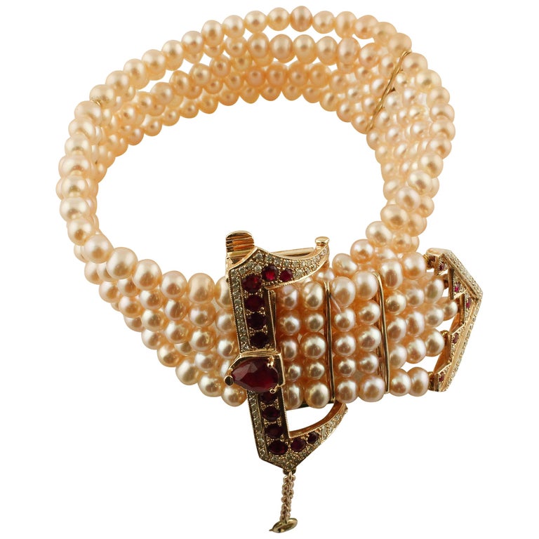 diamonds rubies light pink rose little pearls rose gold beaded