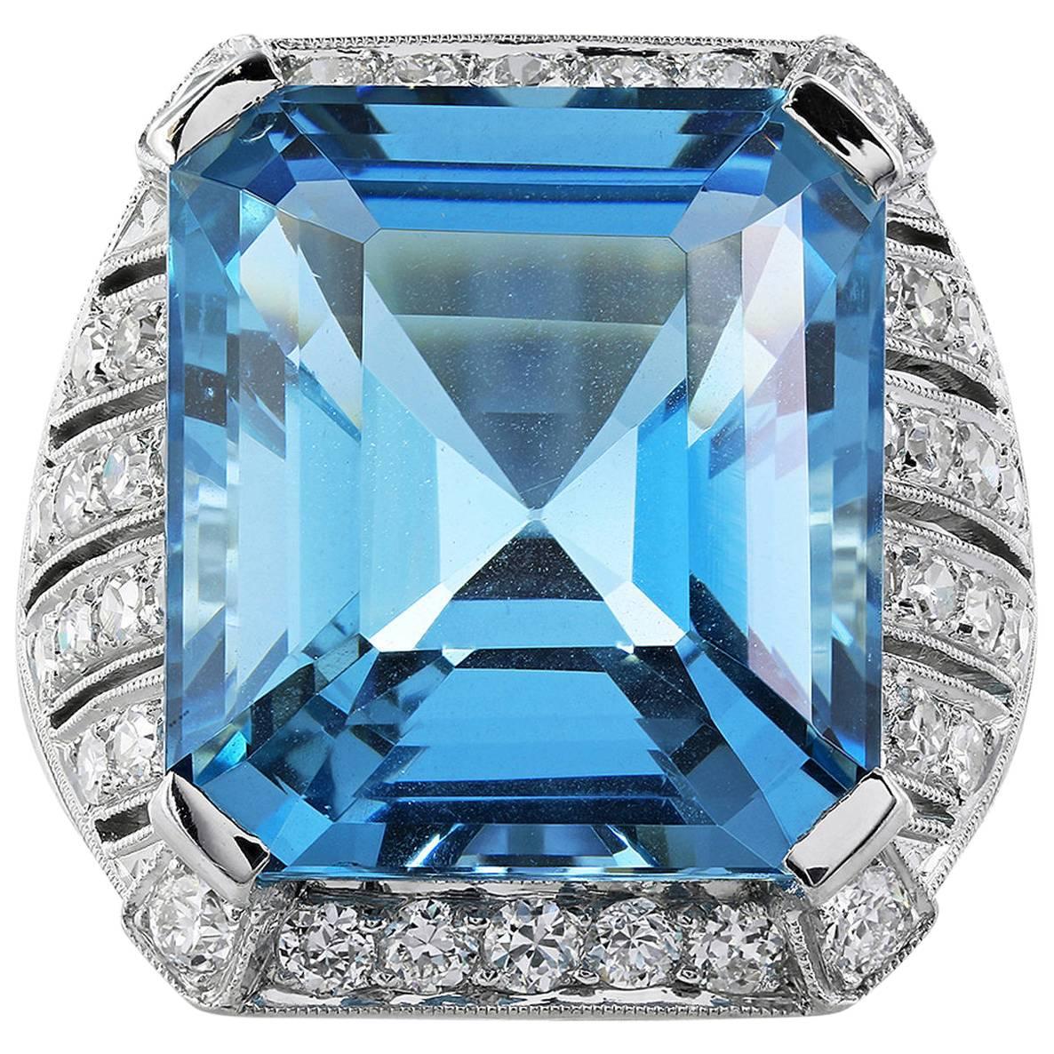 15.15 Carat Aquamarine Diamond Platinum Ring For Sale