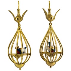 White Diamond Enamel Coral Pearl Yellow Gold Stud "Bird Cage" Earrings