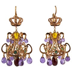 23.00 Carat Amethyst Citrine Garnet Emerald White Diamond Yellow Gold Earrings