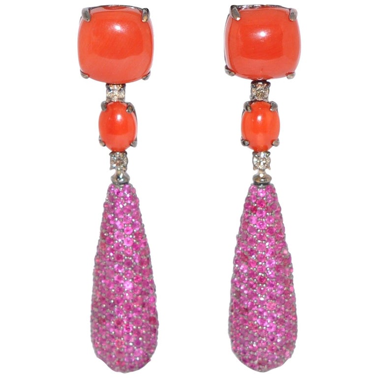 C Ruby And White Diamond On Black Gold 18 Karat Chandelier C Ruby And White Diamond On Black Gold 18 Karat Chandelier Earrings For