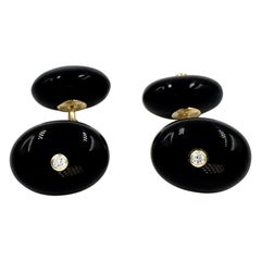 Vintage Oval Onyx and Diamond 14 Karat Yellow Gold Cufflinks