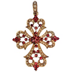 1930s Baroque Garnet and Seed Pearl Yellow Gold Filigree Cross Enhancer Pendant