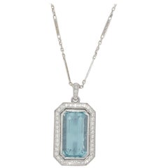 14.86 Carat Aquamarine and Diamond Pendant on Antique White Gold Chain