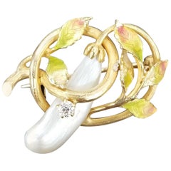 14 Karat Yellow Gold Enamel Pearl and Diamond Pin