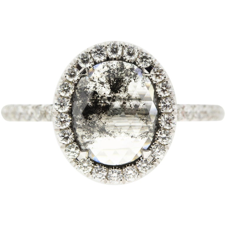 Oval Salt and Pepper Diamond Halo Engagement Ring For Sale at 1stdibs