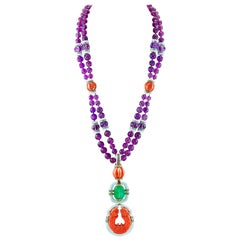 David Webb Carved Amethyst Beads, Diamond, Coral, Emerald Pendant Necklace