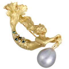 Yellow Gold White and Blue Diamonds and Grey Pearl Mermaid Pendant or Brooch