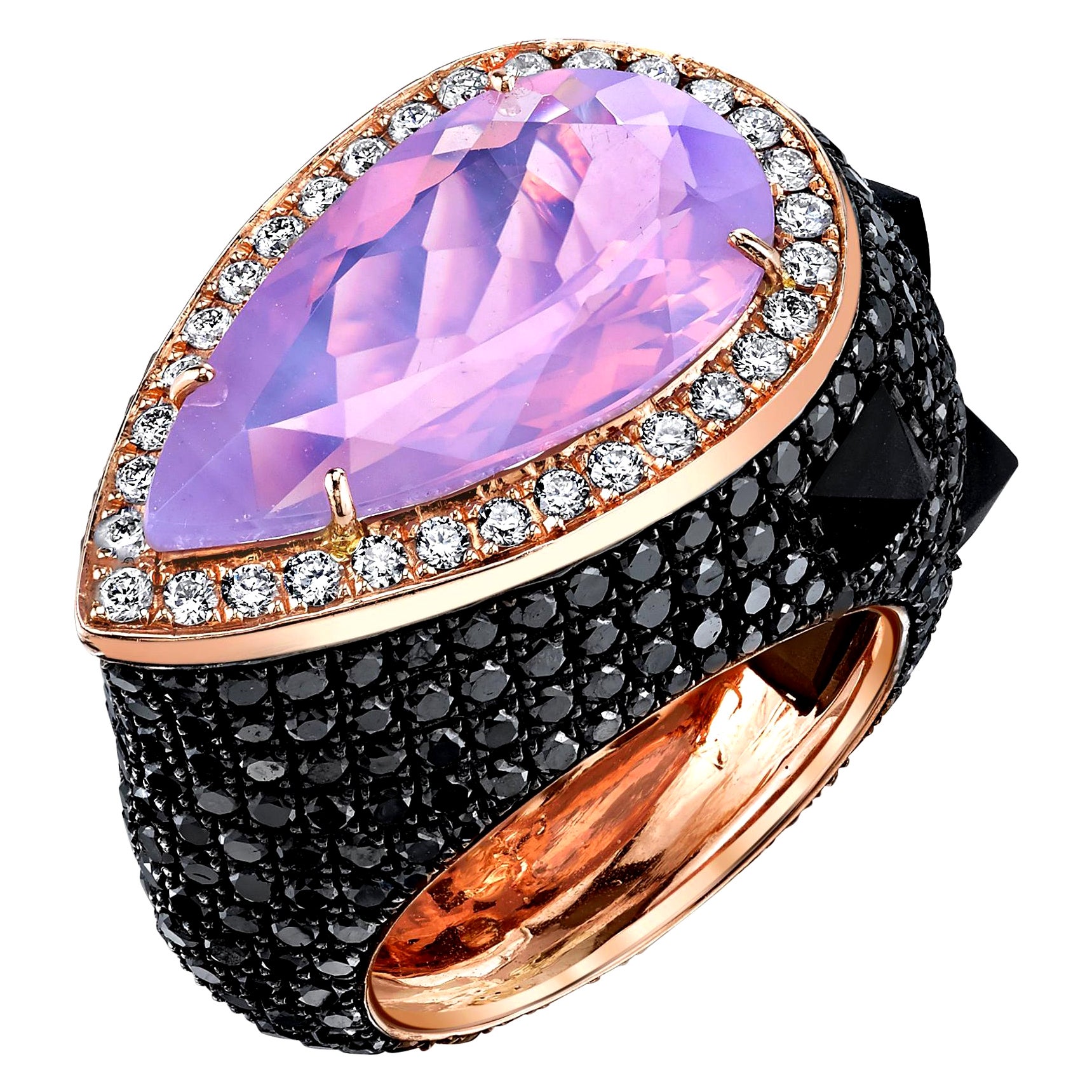 Lavender Moon Quartz & Black Diamond Spike Rock Ring in 18k Rose Gold For Sale